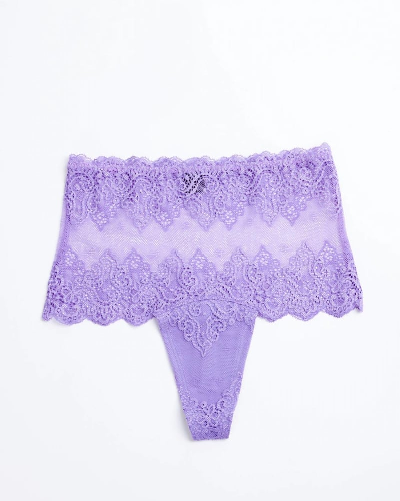 Front of a size L So Fine Lace High Cut Thong in Violet in Violet by ONLY HEARTS. | dia_product_style_image_id:339986